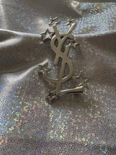 Ysl Saint Laurent Silver Star Brooch Large Coat Dress Engraved Charm Pin Ysl