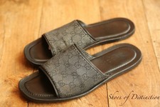 Gucci GG Monogram Black Leather Sandals Sliders Flip Flops Men's UK 10 US 11