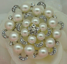 LARGE SILVER TONE CREAM FAUX PEARL & RHINESTONE CRYSTAL FLOWER BROOCH
