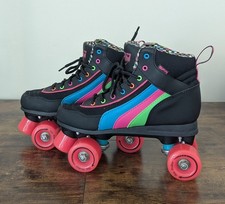 SFR Rio Roller Quad Roller Skates Black and Striped with Pink Wheels, UK Size 7