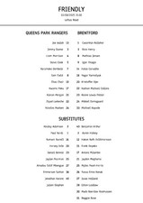 QPR vs Brentford - A4 Teamsheet - Friendly - 2/8/2025