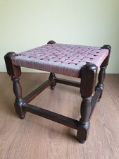 Lovely Small Vintage Woven Wicker Wood Stool Wooden Footstool
