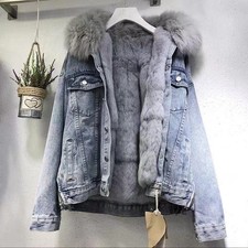 Women's Fleece-Lined Denim Jacket with Fur Collar Loose Style Winter Coat