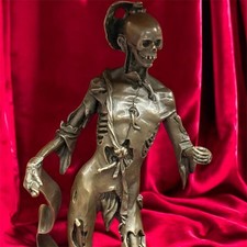 Vintage Memento Mori Bronze Statue Sculpture Marble Skeleton JB Skull Gothic Old