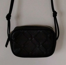 Small Black Cross Body Bag 2 Zipped Compartments Weaved Pattern Front George 