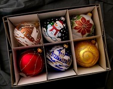 Hand Painted Glass  Baubles 6 in pack Christmas Tree Decorations 80 mm 8cm