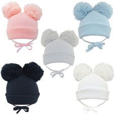 Baby Pom Pom Beanie Hat Double Bobble Cap Strap Boy Girl NB 0-3 3-6 6-12 12-18