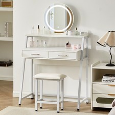 Dressing Table White w/ LED Light Mirror Makeup Desk Wooden Chair 2 Drawers