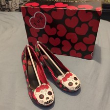 TUK Day Of The Dead Multi Floral Sugar Skulls Roses Anti Pop Pump Heels UK Sz 3