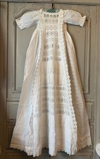 Vintage Babies Dolls White Cotton Christening Gown Dress Lace Broderie Anglaise 