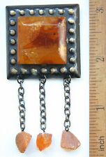 Vintage Ethnic Ornament Brooch Decorated With Amber