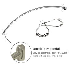S/S STEEL EXTENSIBLE CURVED OVAL SHOWER CURTAIN ROD RAIL & 12 FREE RINGS HOOKS