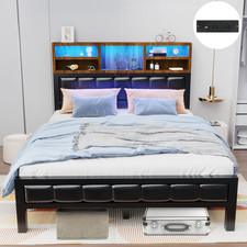 Double Bed Frame Industrial Metal Platform Bed with LED Headboard and Footboard