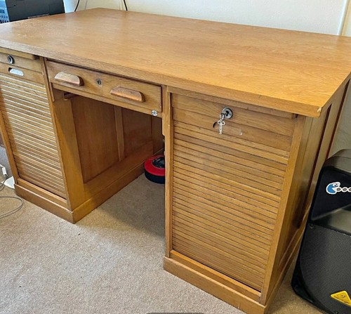 Vintage oak tambour desk with - desk,