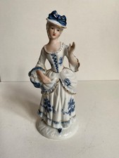 Dressed up Victorian Lady in puffy dress. Blue, white & Gold Figurine. Vintage