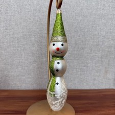 Vintage Snowman Christmas Ornament Green Hat Gold Glitter Holiday Decoration