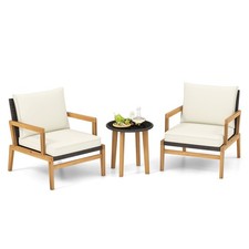 3 Piece Outdoor Wicker Furniture Set with Cushioned Chairs & Glass Top White
