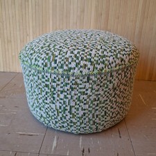 Fab Vintage Retro Round Footstool Pouffe Reupholstered Green & White Chenille