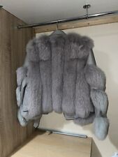Womens Posh Poms Real Fox Fur Leather Jacket Gilet Coat Zip Designer Fitted Grey
