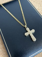 9ct Gold Solid Micro Pavé CZ Encrusted Crucifix Cross Curb Necklace Gold Filled