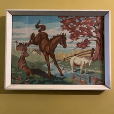 Vintage Framed Painting Original Midcentury 17“ X 13“ Horses Old Picture
