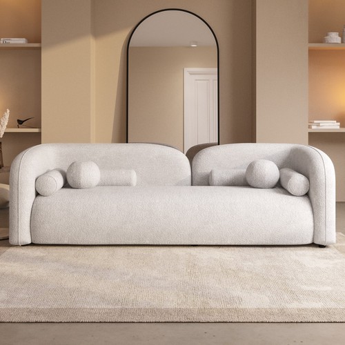 Cream boucle curved seater - curved, 3