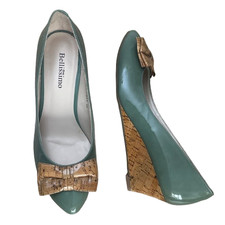 BELLISSIMO Court Shoes Green Women’s Size UK 7 EU 40 Wedge Mid High Heels Bow  .