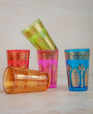 Moroccan Tea Glasses Multicoloured & Gold Set of 6 - Hand Painted Tea Glasses