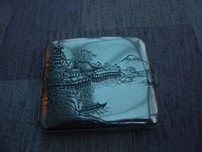 Japanese Etched  With Scenic  Views Silver Cigarette Case