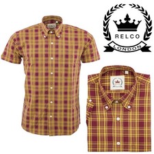 Relco Men's Oxblood Yellow Check Short Sleeve Yellow Button Down Collar Shirt