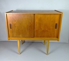 Danish Mid Century Teak Vinyl Record LP Storage Cabinet with Sliding Doors