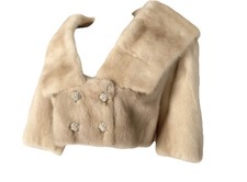PEARL BLONDE Cream Real Mink Fur Bolero Coat Jacket Crystal Buttons 60s Cocktail