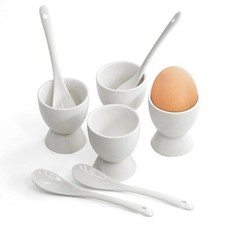 White 8 Piece Breakfast Set  Porcelain Ceramic 4 x Egg Cup Holders & 4 x Spoons