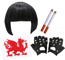 NESSA JENKINS COSTUME BLACK BOB WIG WELSH DRAGON TATTOO CIGARETTES FANCY DRESS