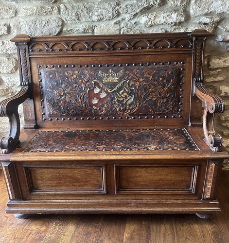 Antique oak settle with unique - antique,