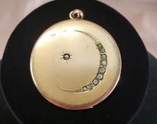 Antique Victorian Large Gold Filled Crescent Moon with Paste Photo Locket