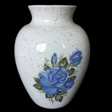 Vintage Grandmillennial Style Small Floral Ceramic Vase Speckled Blue Roses 6" 