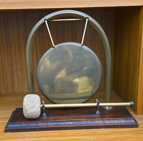 Brass gong bell stand base - bell, stand/base