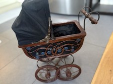 Antique Black And Brown Wicker Stroller Wicker Doll Buggy Pram Carriage 31 Cm