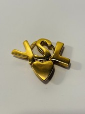Authentic YVES SAINT LAURENT Logo Clip-On Brooch Rich Gold Tone