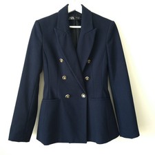 Zara Classic Navy Blue Textured Double Breasted Blazer Jacket XS Ex Small 6 8
