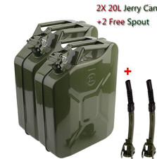2 x 20L Litre Metal Jerry Can Green Car Storage Fuel Container & 2 x Metal Spout