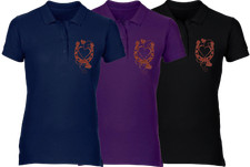 Horse Riding equestrian Ladies Polo Shirt, RICH COPPER GLITTER HORSESHOE HEARTS