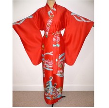 VINTAGE, JAPANESE MADE, RED, SILKY, KIMONO STYLE DRESSING GOWN, Geisha, Temples