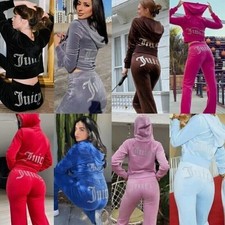 🔥Womens Ladies 2-pcs Juicyu Logo Couture Tracksuit Sport Suit Velvet Jogging 🔥