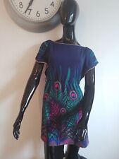 AngelEye Peacock Pattern, Mini Dress. 80s Style, Wide Sleeves, Gold Piping