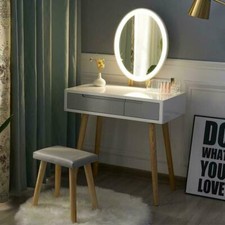 Dressing Table Vanity Set Makeup Desk with Dimmable LED Light Mirror Stool Wood