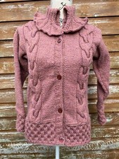 Aran Cardigan New S UK 10 Wool Pink Heather Button up Hand knit Traditional 38