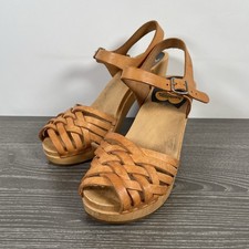 Swedish Hasbeens Leather Woven Sandal UK 4 EUR 37 | Tan Peep Toe Clog High Heel