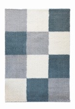 Soft Shaggy Rugs For Living Room Checked Geometric Rug Duck egg Blue Ochre Grey